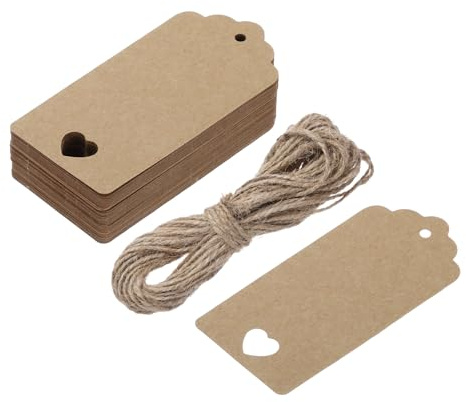 QUARKZMAN 50 Pcs Etiquetas de Regalo, Etiquetas de Papel Estraza, Etiquetas Marrones, Rectangulares con Tarjetas Perforadas en Forma de Corazón con 10m de Hilo de Yute para Envolver Regalos