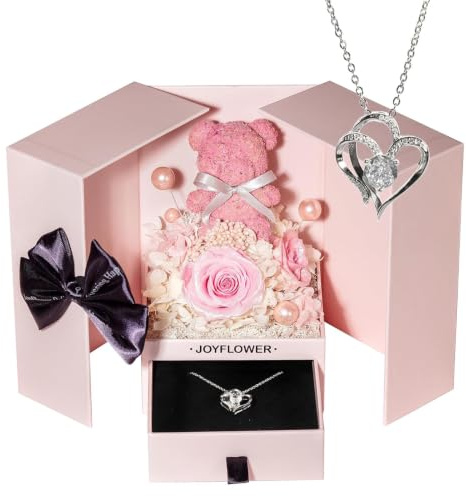 JoyFlower förreservade blommor med halsband, Herzanhänger-Halskette, Hjärthänge halsband