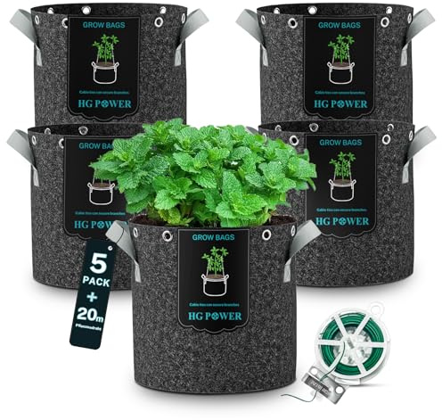 HG Power Saco de Cultivo 26L (25L + 4% Volumen Extra), 5 Piezas, Maceta de Tela con 20m de Alambre para Plantas, Ø33cm, Altura 31,5cm – Tejido No Tejido 350g/m², Resistente