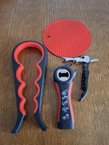 Abrebotellas Set de 4 piezas para personas mayores, abrelatas ergonómico con asas antideslizantes, color turquesa o rojo (rojo-Sawrz)