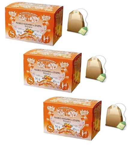 Sweet Herbs® | Tisana Rooibos Mandarino Zenzero | Infuso Biologico Rooibos, Frutta e Spezie - 3 x 20 Filtri in Singole Bustine (90 Gr)