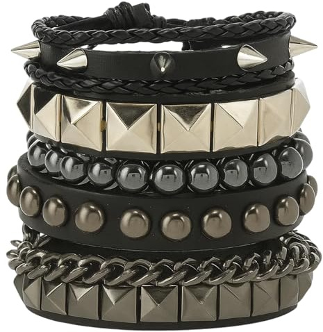 QhgPnt 4 Pcs Studded Bracelet, Punk Rock Leather Cuff Bracelets for Men and Women, Adjustable Grunge Accessories for Concerts, Halloween, Gothic Weddings and Daily Wear