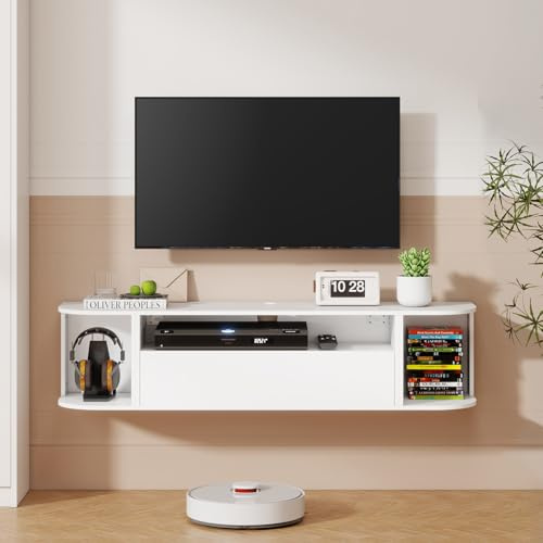 YOURLITE Wall Mounted TV Unit with RGB Lighting, Floating TV Stand with Round Corner & Waterproof Design, Modern White High Gloss TV Cabinet for Living Room