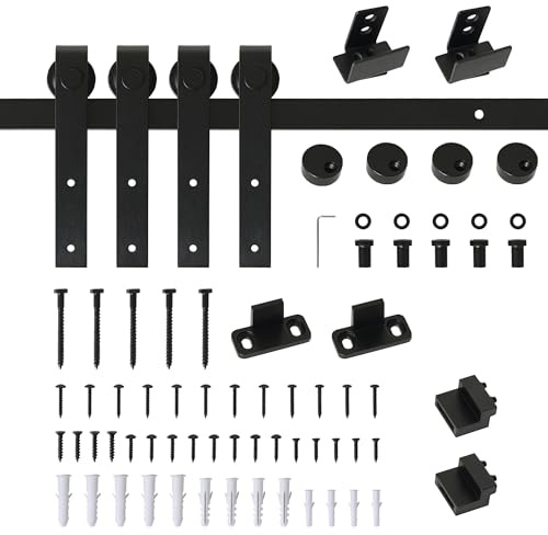HOMCOM Herrajes Puertas Correderas 200 cm, Kit para Puerta Corredera Doble de Madera Ancho 50 cm, para Mueble de TV, Armario, Acero al Carbono, Negro