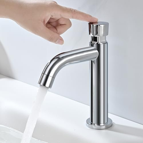 Rubinetto Lavabo Solo Acqua Fredda, BuntHaus Rubinetto Lavabo Ritardato, Rubinetto Bagno con Pulsante Automatico, Rubinetteria Cromata per Ospiti WC