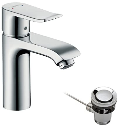 hansgrohe Waschtischarmatur Metris, Wasserhahn Bad mit Auslauf Höhe 110 mm, mit Zugstange, Badarmatur wassersparend, Chrom
