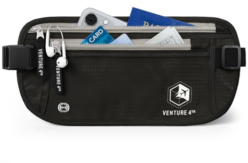 VENTURE 4TH Money Belt for Travel – Hidden Under-Clothes RFID Blocking Passport Holder & Slim Travel Wallet Pouch for Men & Women to Protect Cash, Cards & Documents (Black)