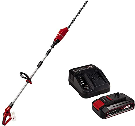 Einhell Cortasetos telescópico a batería, empuñadura adicional, engranaje de metal, arnés, bolsa, incluye 1 batería de 2.5 Ah y cargador individual