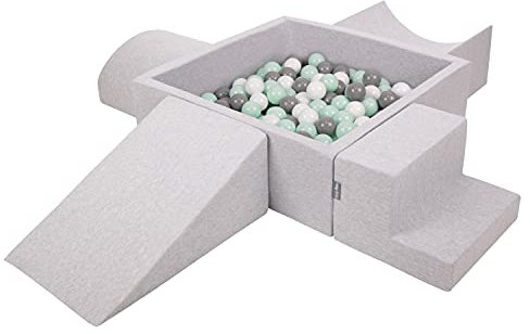 KiddyMoon Spielplatz Aus Schaumstoff Mit Quadrat Bällebad (300 Bälle) Ballgruben Für Babys Spielbad Hindernisläufen, Hergestellt In Der EU, Hellgrau:Weiß/Grau/Minze