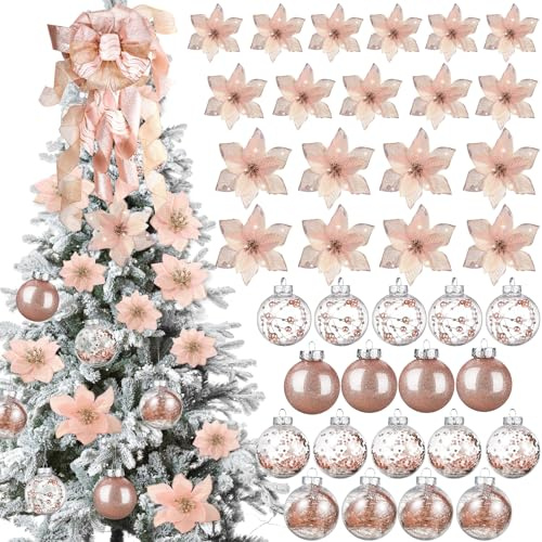 49 Decoración de Árbol de Navidad Set Incluye Adornos para Árbol de Navidad, 24 Flores con Purpurina 3 Tamaños, 24 Adornos de Bolas de Navidad de 2,36 Pulgadas para Fiestas (Oro Rosa)