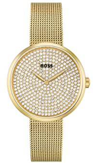 BOSS Analog Quarzuhr für Damen Kollektion Praise mit Goldfarben Edelstahl-Mesh-Gliederarmband - 1502659