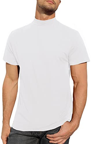 Mens T Shirt Short Sleeve Basic Mock Turtleneck Slim Fit Undershirt Cotton Pullover Thermal Solid Tops White, XXL