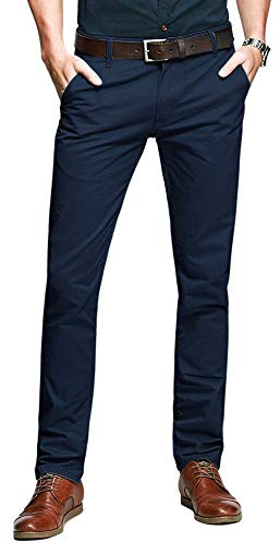 Aeslech Mens Tapered Stretch Chinos Casual Smart Trousers Formal Regular Fit 169 Dark Blue 30