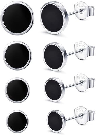 JeweBella 4 Paar Schwarze Ohrstecker für Herren Damen 925 Sterling Silber Schwarz Ohrringe Set Hypoallergen Classic Round Schwarze Ohrringe Männer Piercings Knorpel Silber Ohrstecker 6/8/10/12MM