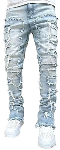 Jeans impilati Uomo Skinny Strappato Jeans Slim Fit Patchwork Denim Pantaloni Y2K Goth Harajuku Emo Hip Hop Jeans Pantaloni, Blu, M