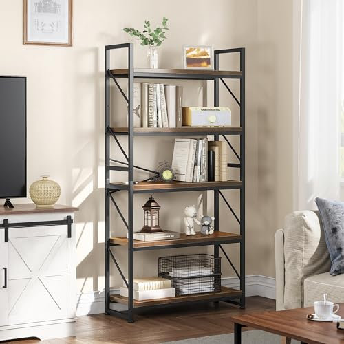 YITAHOME Bookcase 5 Tiers, Industrial Book Shelf Large Floorstanding Book case Wooden Shelf and Metal Frame Shelving Unit Display Storage Rack for Living Room, Home Office, Rustic Brown Bookshelf