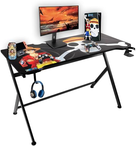 Konix One Piece Bureau Gaming 121 x 69 x 76 cm en Forme de Y - Plateau de Table en Bois et métal - Porte-gobelet - Support Casque - Motif Luffy