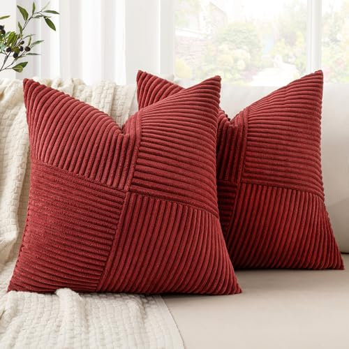 MIULEE Weihnachten Kissenbezug 40x40 Weinrot Kordsamt 2er Set Kissenbezüge Zierkissenbezug Kissenhülle Sofakissen Dekokissen Streifen Muster Patchwork Design für Wohnzimmer