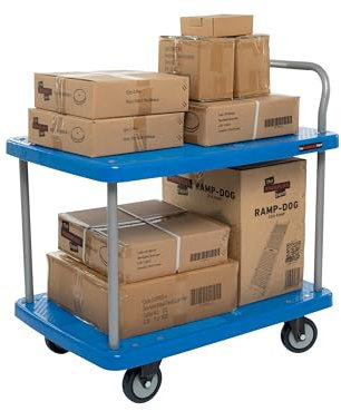 Plastic Platform Trolley, 2 Tier Blue Heavy Duty Cart on Wheels with Handle for Office & Industrial (930(H) x 900(W) x 590(D) mm)