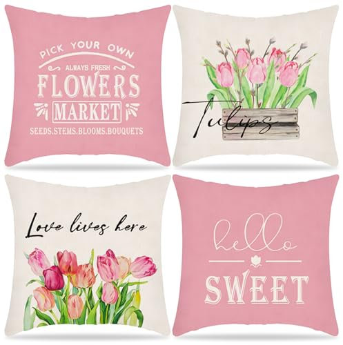 DAZZTIME Kissenbezüge Frühlings Blumen, 4 Stück Leinen Kissenhülle 45x45, Tulpen Kissenbezug, Sofa Kissenbezug, Sommer Frühling Zierkissenbezug, für Sofa Bed Auto Büro Cafe Garten Room