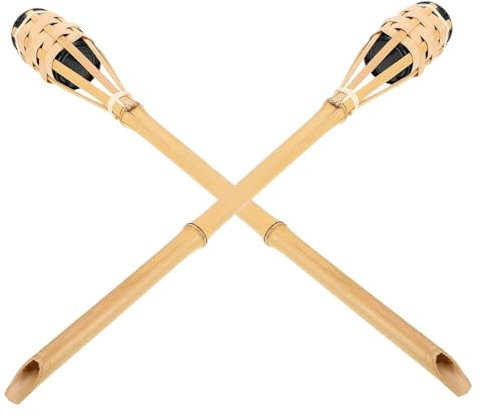 Holibanna 2pcs Bamboo Garden Torch Light with Woven Design, Handheld Outdoor Decorative Torches for Courtyard and Lawn, Beige Festival Party Lighting