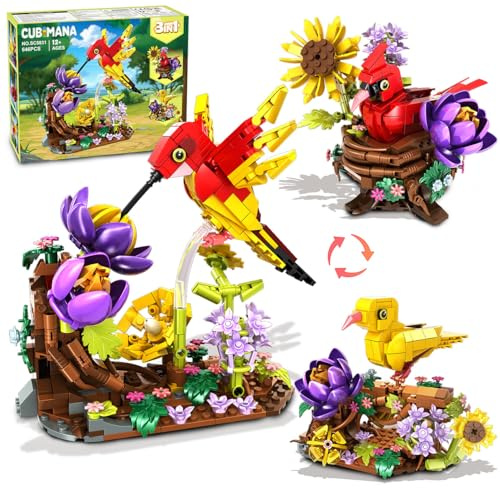 CUBIMANA 3 in 1 Bird’s Nest Building Toy - Gift for Birthday, Flowers Birdhouse Cardinal Hummingbird Canary Building Blocks Set for Home Office Art Decor Animal Birds for Adults Teens Kids (646PCS)