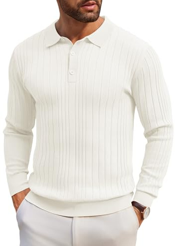 COOFANDY Men's Poloshirt Lang Sleeve Knitted Jumper Polo Neck Pullover Sweater Casual Solid Color Sweatshirt White M
