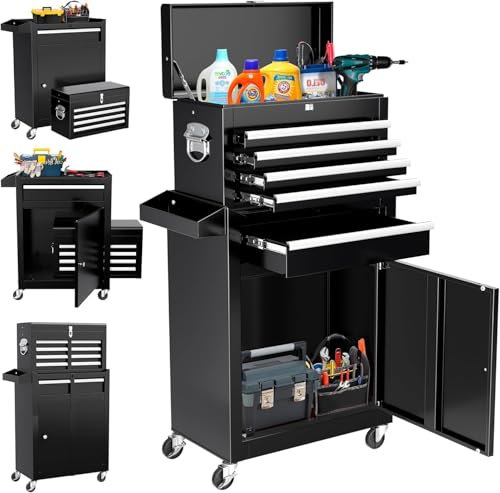 PortoAlegre Chariot à outils à 5 tiroirs avec armoire à outils en métal amovible, étagère réglable, système de verrouillage, insert de protection, servante à outils pour atelier