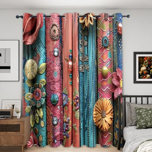 NIYAKA Bohemian Multi Colored Curtains for Living Room, Vintage Eclectic Patchwork Boho Blackout Curtains for Bedroom, Grommet Drapes 54 Inch Length 2 Panels Set, Bohemian Home Decor Window Curtains