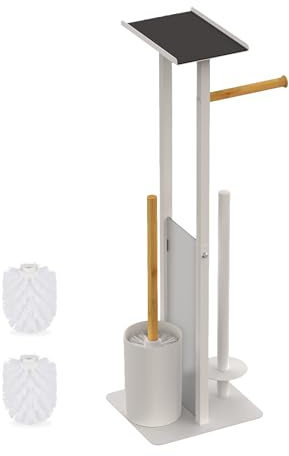 Juego de baño Relaxdays, HBT: 65 x 21 x 18 cm, Soporte de Papel, escobilla, portarrollos, Estante, Blanco/Naturaleza