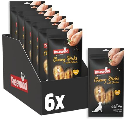 Rosewood Chewy Sticks Pollo Small - Bastoncini da masticare per cani con pollo, snack a base di pelle di manzo, favorisce la cura dei denti, senza cereali e glutine, senza additivi artificiali, 6x100g
