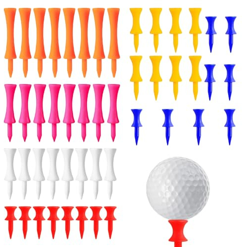 Kuugeo Tee Golf Plastique, 48 pièces Tee De Golf, Tees De Golf, Te e Golf, Kunststoff Golftees Te e Set, 31 mm/35 mm/43 mm/51 mm/57 mm/70 mm, Rouge, Bleu, Jaune, Blanc, Magenta et Orange.