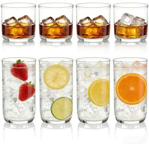 Berglander Drinking Glasses Set of 8, PET Clear Plastic Highball Glasses 14oz & Whiskey Cocktail Glasses Set 11.5oz, Heavy Duty Unbreakable Water Glasses Cup Tumbler Glassware for Beer, Juice, Milk