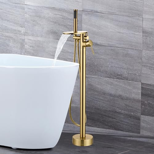 Grifo Bañera Exenta Cascada Grifo Bañera de Pie Agua Fría y Caliente Latón Montaje En Piso-Oro Cepillado