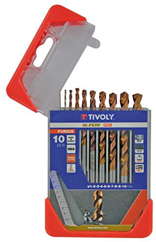 Tivoly 11454170004 Coffret Clipster 10 Forets HSS Premium Furius Revetu Fusio, Taillé Meulé Cylindrique Court, Pointe en Croix, Contient Ø 1 à 10 mm
