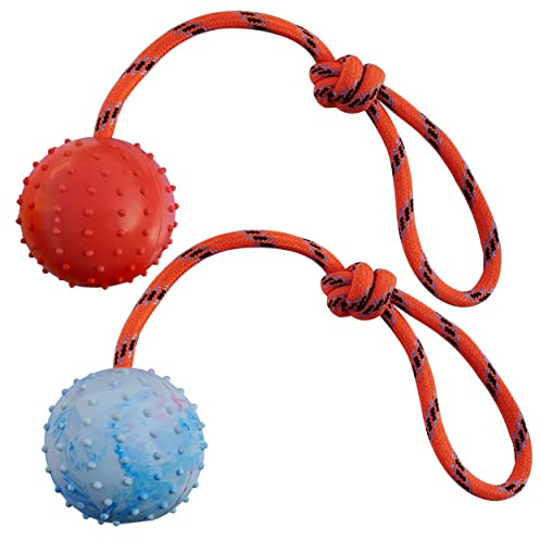 MMSGA 2 Pcs Pelota Con Cuerda Para Perros y Gatos, Bola Interactiva, Hueca de Caucho Para Lanzar y Arrastrar, No Apto Para Fuerte Masticación (L, Blanco + Rojo)
