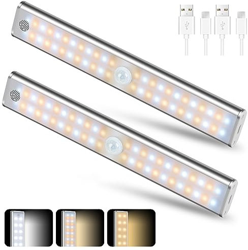 Haotao 19cm Schrankbeleuchtung 48 LED Lampe Akku, 11000K 1500mAh Schranklicht mit Bewegungsmelder, Kabellos Touch und Dimmbar, Unterbauleuchte Küche Led, Schranklicht, Kleiderschrank lampe, 2 Stück