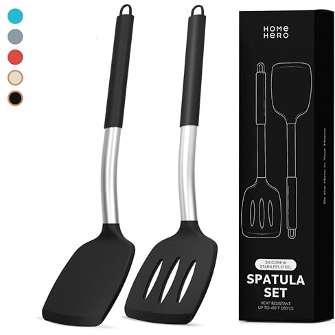 Home Hero Silicone Spatula Set - Heat Resistant Spatulas for Cooking - Ergonomic Stainless Steel Cooking Utensils - Solid & Slotted Silicone Turners - Pack of 2, Black