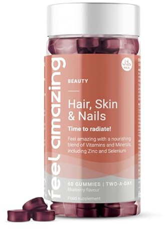 Feel Amazing Hair, Skin & Nails Gummies - Zinc, Biotin & Vitamin C - Blueberry Flavoured - Vegetarian - 60 Gummies - 30 Servings - 1 Month Supply