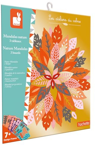 Janod - Les Ateliers du Calme - 3 Mandalas Nature - Tableaux à Composer Façon Mandala - Kit Loisir Créatif Enfant - Apprentissage Motricité Fine et Concentration – Dès 7 ans – J07755
