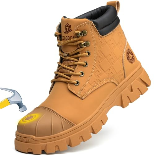 KELODON Waterproof Steel Toe Boots For Men 6 Inch Leather Steel Toe Shoes Non Slip Resistant Safety Work Boots Indestructible Lightweight Construction Boot,Wheat,US Size 11