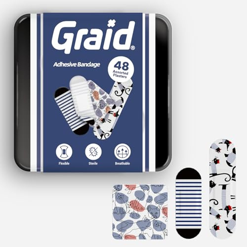 Graid Kids Bandages | Adhesive Flexible Fabric Waterproof Bandages | Assorted Shapes for Minor Cuts, Scrapes, and Wounds | Colorful and Fun First Aid Tin | PET - 48 Count