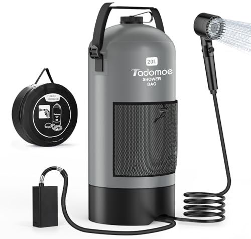Tadomoe 20l Douche Solaire Camping avec Pompe, 2000mAh Douche Portable Chauffante avec Sac et buse pour extérieur Camping, Randonnée et Car
