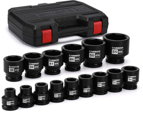 CASOMAN Set di chiavi a bussola a impatto per asse basso da 3/4, 6 punte, standard grande, metriche (17-55 mm), in acciaio CR-MO, con custodia
