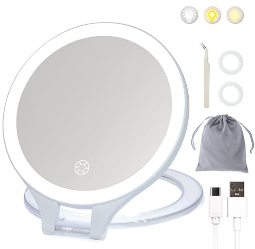 ZIYOUDOLI Rechargeable Travel Cosmetic Mirror with Light, 1X/10X Double Sided Magnifying Mirror, Portable 3-Colour Light Beauty Mirror, Dimmable Touch Screen, Foldable/Handheld/Suspended/Desktop