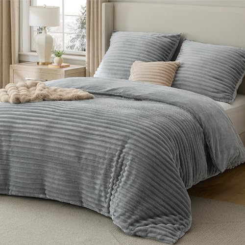 BEDSURE Flanell Bettwäsche 200x200 - Winter Bettbezug mit 2 Kissenbezüge 80x80 cm, ÖKO-TEX Winterbettwäsche 200x200 Plüsch Warme Flauschig Bettbezug mit Reißverschluss, Grau