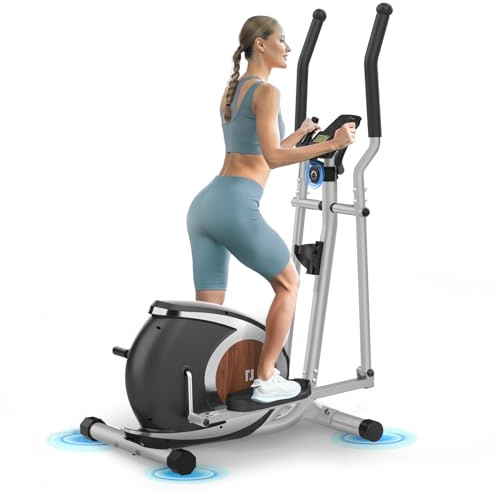 Vélo Elliptique avec Soutenir l'APP Bluetooth Fitness, 16 Niveaux de Résistance Réglables, Écran LCD, Porte-Bouteille, Appareil Elliptique Ultra-Silencieux pour La Maison Capacité Max 120KG (Argenté)