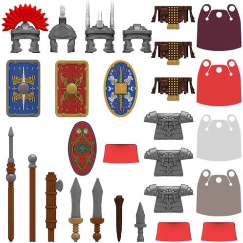 LootPop Set di mattoncini per armature per ufficiali e soldati romani, inclusi caschi, armature, scudi e armi, compatibili (27 pezzi)