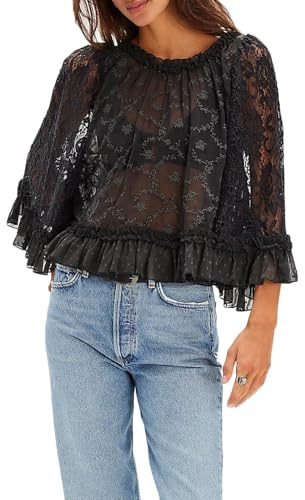 FeMereina Blusa de malla transparente con mangas acampanadas para mujer, talla grande, túnica tipo poncho con volantes, chal Y2K, camisa transparente, Negro, L