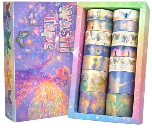IEEBEE 14 Rolls Washi Tape Set - Fairy & Butterfly Designs with Gold Foil, Decorative Washi Tapes, for Scrapbooking, Journaling & DIY Crafts, Gift Wrapping, School Supplies
